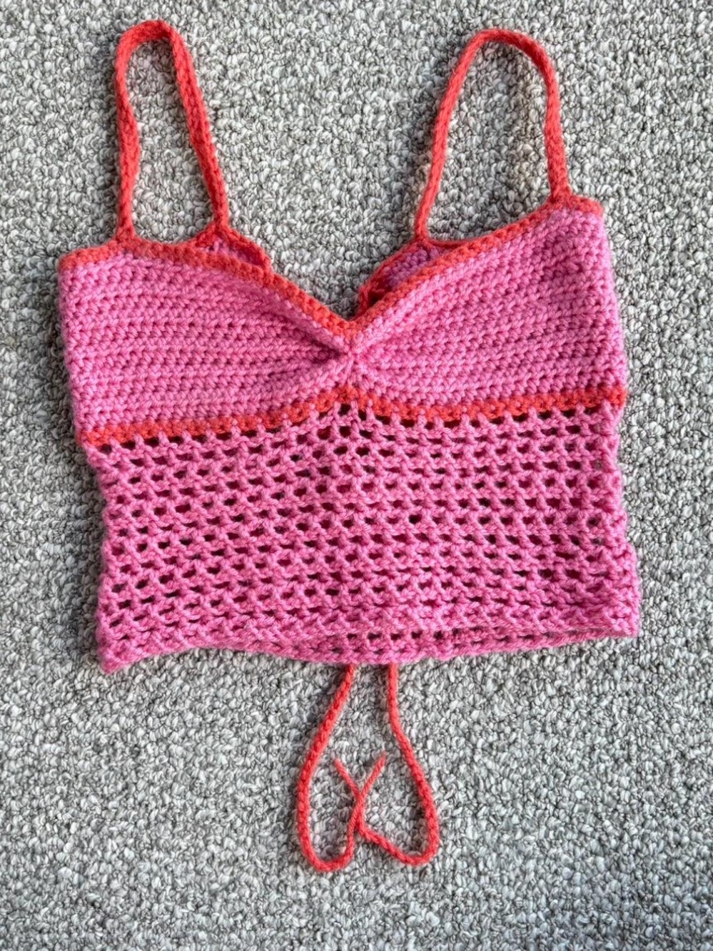 Handmade Pink Crochet Crop Top with Red Trim